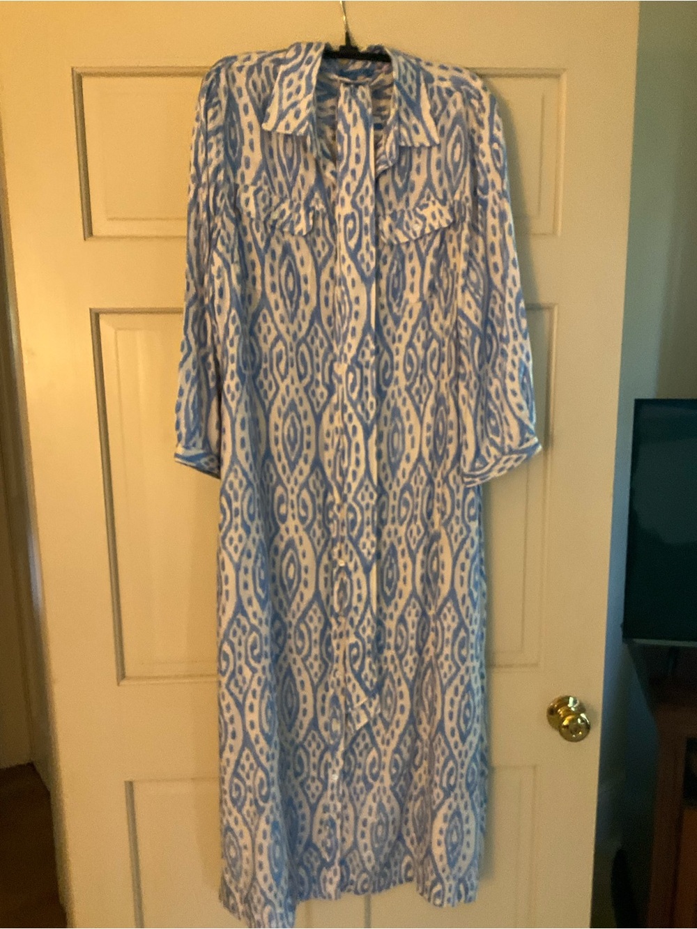 J. McLaughlin Blue and White Ikat Maxi Shirt Dress